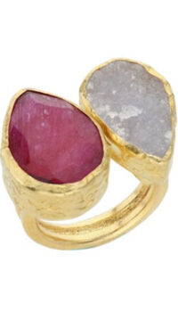 THE CRAFTSHOP GOLD-PLATED ADJUSTABLE RING – BRASS/RUBY/DRUSY CHALCEDONY